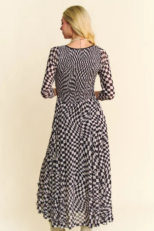 Image of Davi & Dani Printed Checker Mesh Flowy Maxi Dress | Queeble.shop