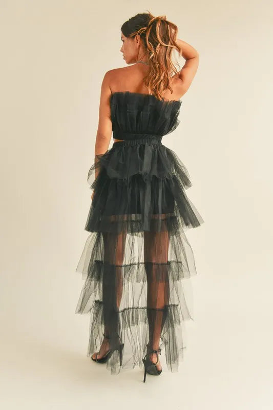 Image of MABLE Tulle Tube Ruffle Crop Top and High Low Maxi Skirt Set | Queeble.shop