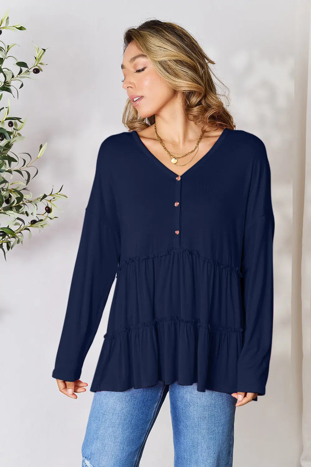 Image of Double Take Half Button Long Sleeve Ruffle Hem Blouse | Queeble.shop