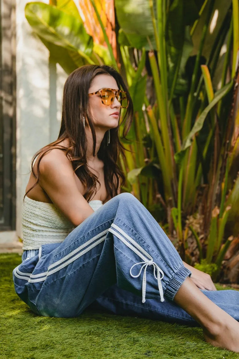 Image of BiBi Striped Tape Details With Bot Tied Point Elastic Waist Jeans | Queeble.shop