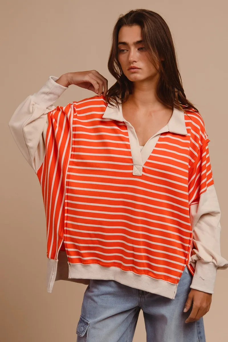 Image of BiBi Stripe Knit Loose Fit Top With Cut Edge Detail | Queeble.shop