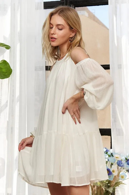 Image of ADORA Cold Shoulder Balloon Sleeve Mini Dress | Queeble.shop