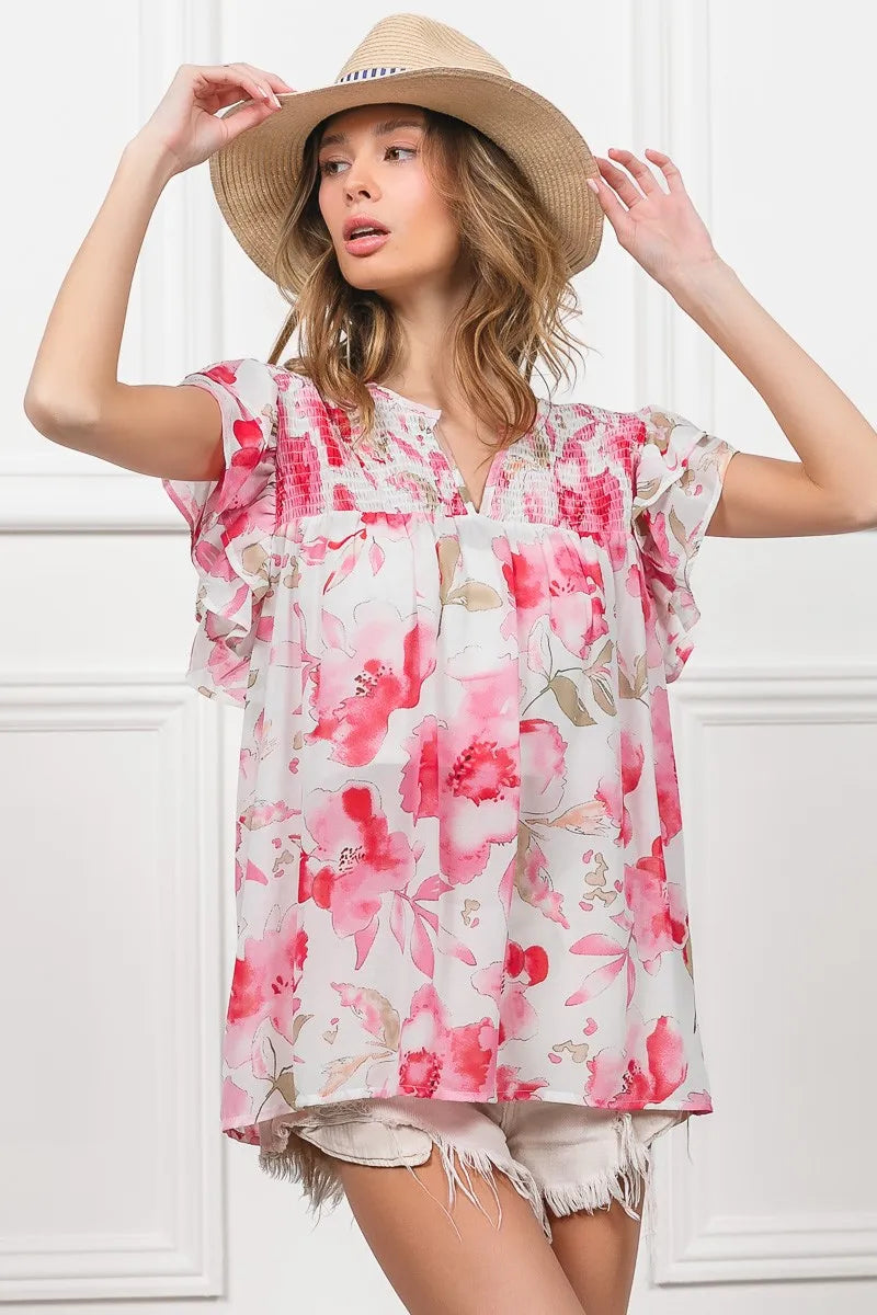 Image of BiBi Floral Print Flutter Sheer Top | Queeble.shop