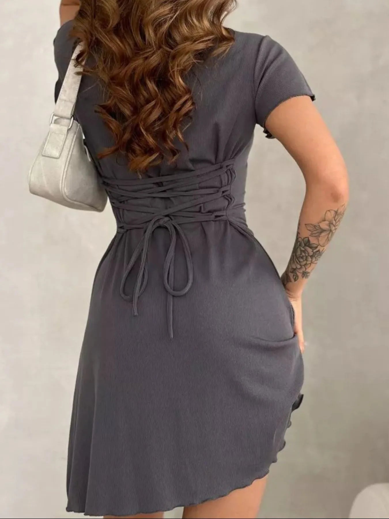 Image of Ribbed Back Lace Up Short Sleeve Mini Dress | Queeble.shop