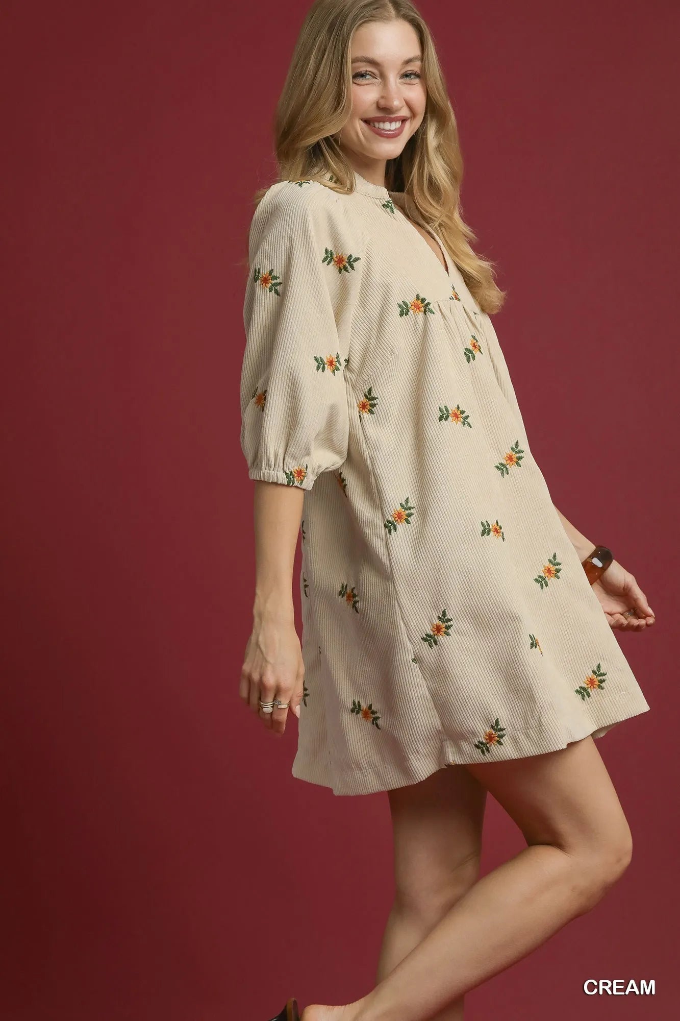 Image of Umgee Corduroy Babydoll Dress with Floral Embroidery | Queeble.shop