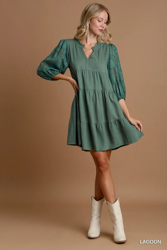 Image of Umgee Floral Contrast Sleeve Tiered Dress | Queeble.shop