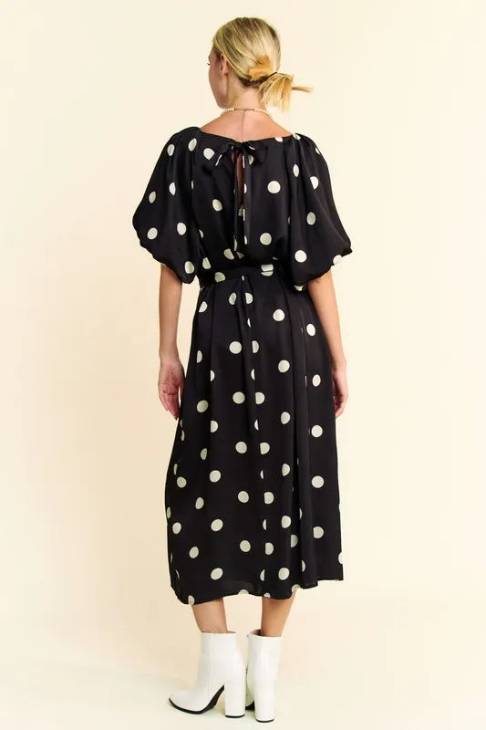 Image of Davi & Dani Polka Dot Puff Sleeves Waist Tie Midi Dress | Queeble.shop