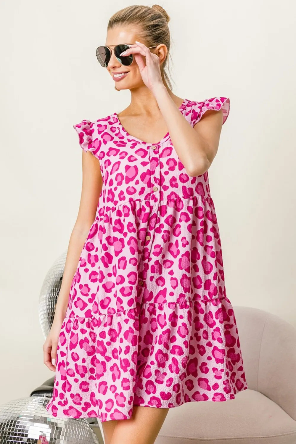 Image of BiBi Leopard Cap Sleeve Tiered Mini Dress | Queeble.shop