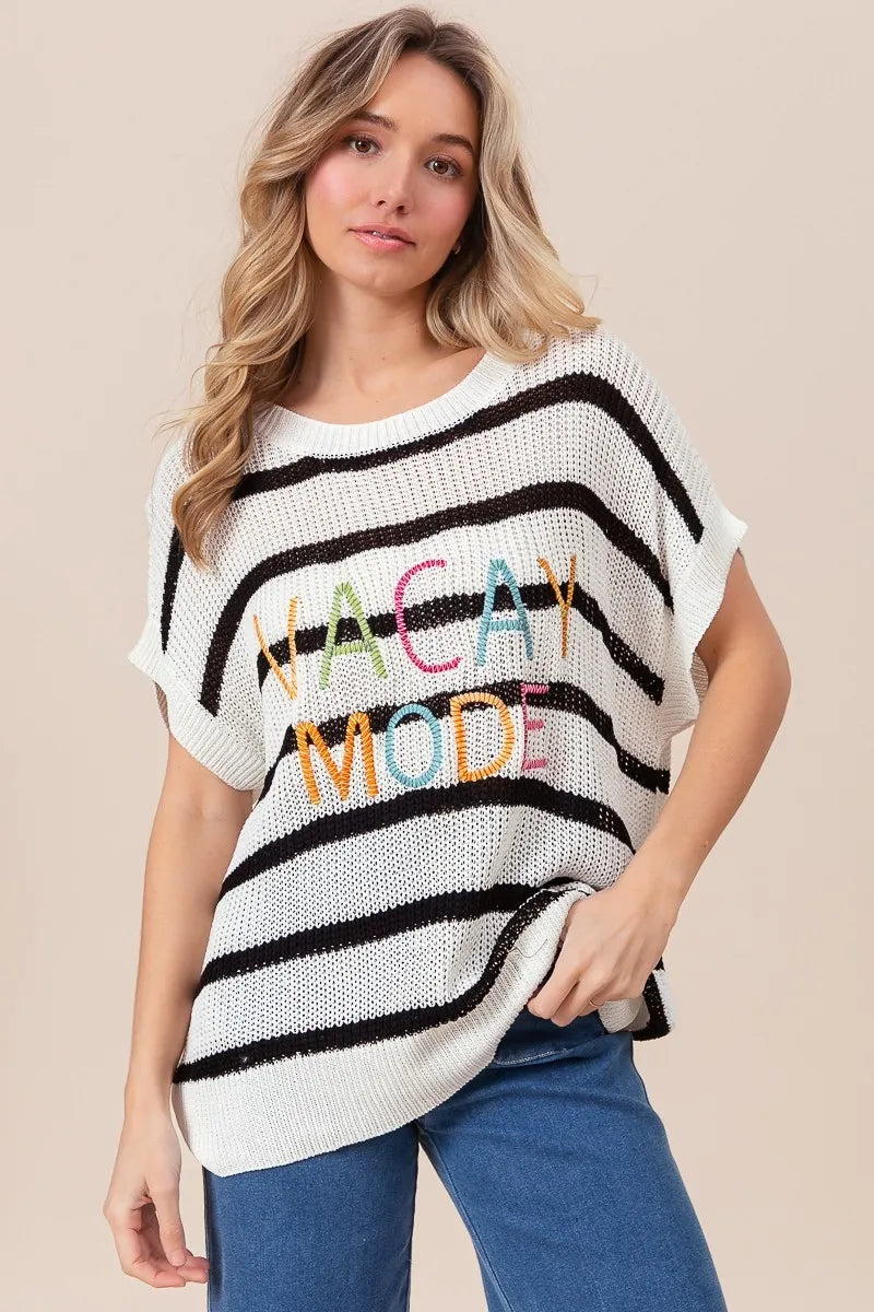 Image of BiBi Vacay Mode Lettering Drop Shoulder Striped Sweater | Queeble.shop