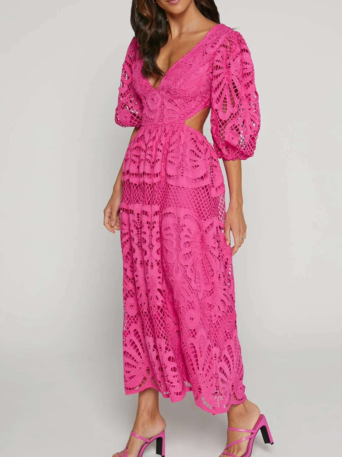 Image of Cutout Back Lace Crochet V-Neck Dress | Queeble.shop