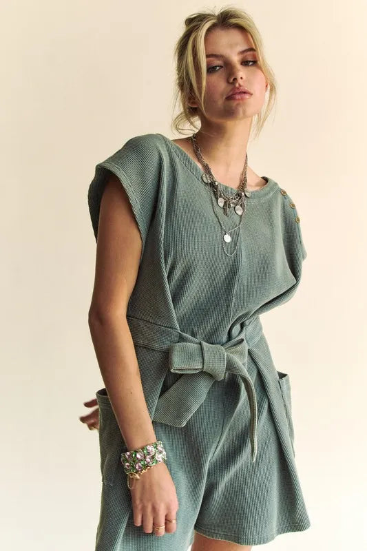 Image of Davi & Dani Acid-Washed Waffle Knit Cuffed Sleeves Romper | Queeble.shop