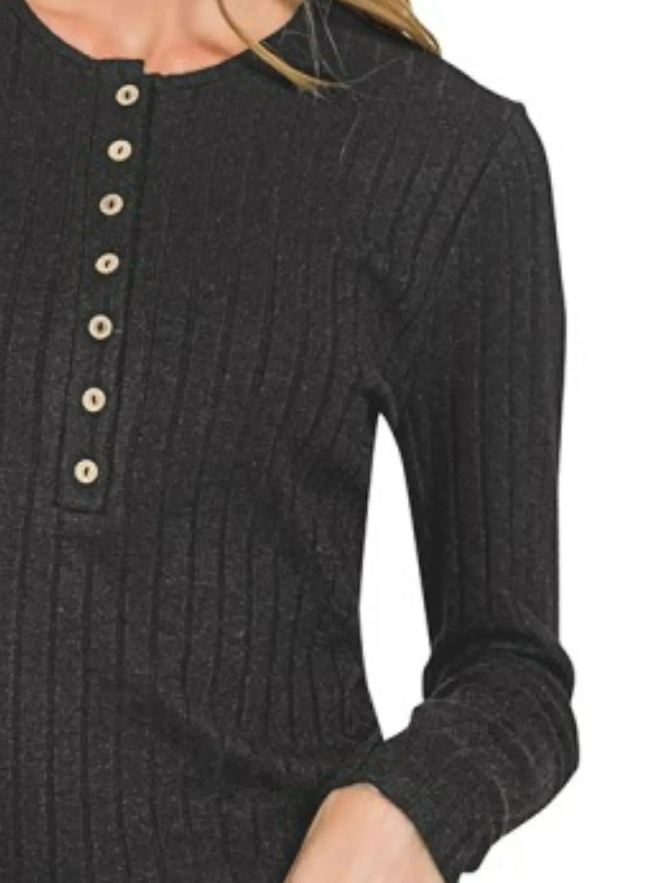 Image of Zenana Ribbed Long Sleeve Half Button Top | Queeble.shop