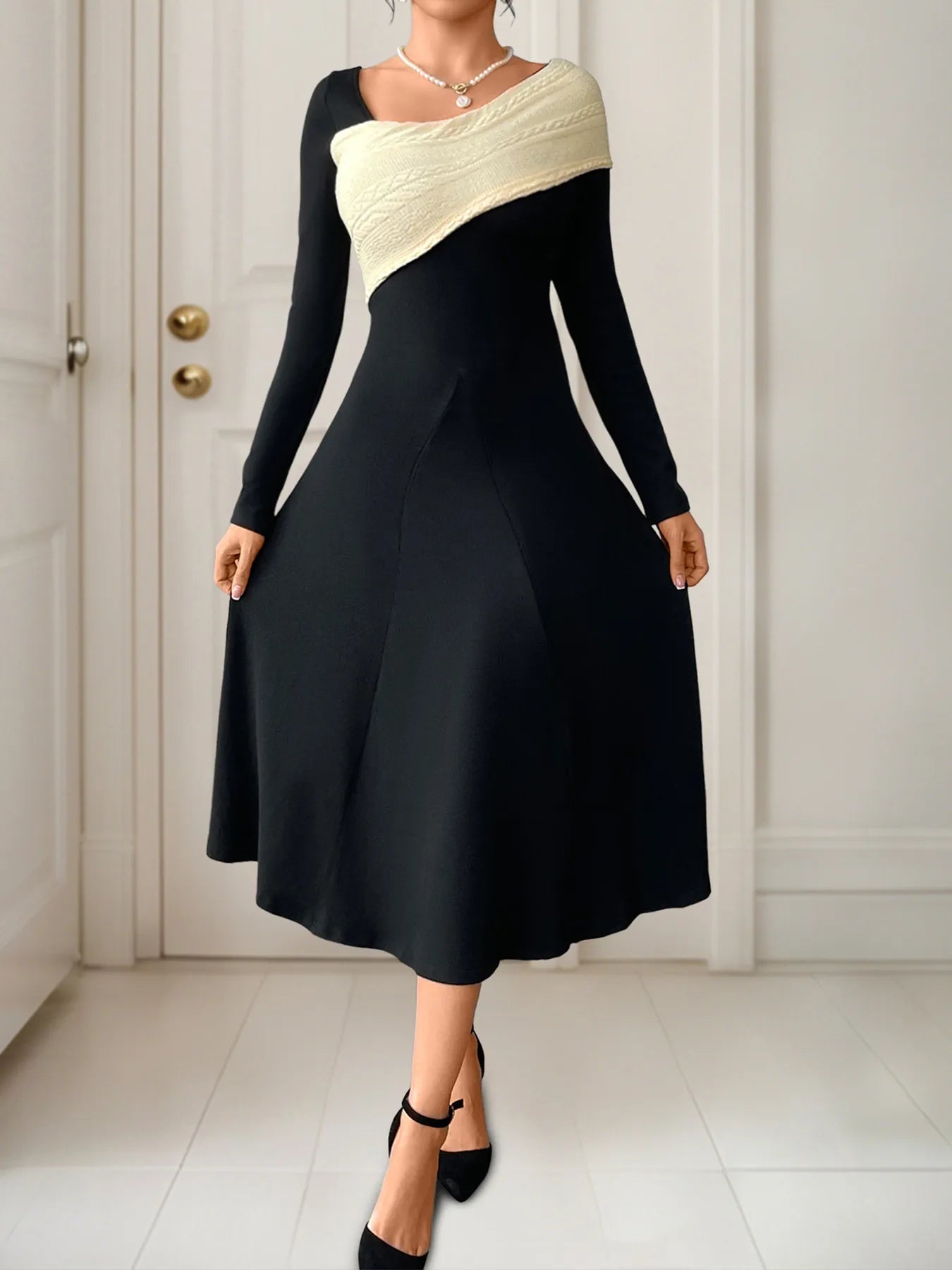 Image of Asymmetrical Contrast Long Sleeve Dress | Queeble.shop