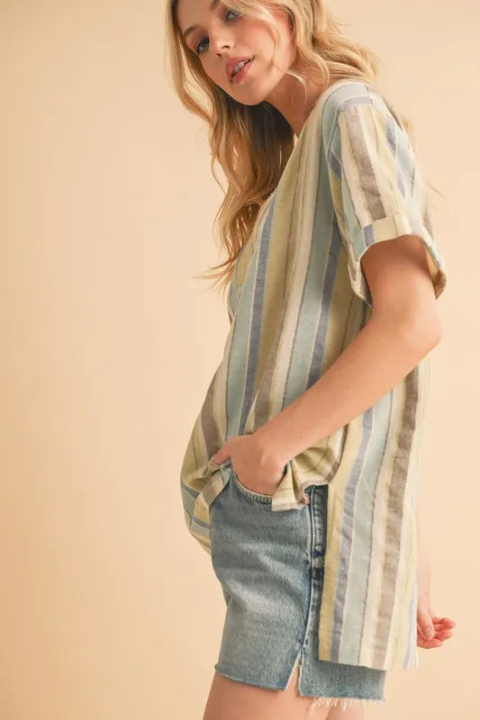 Image of Aemi+Co Side Slit Striped Short Sleeve Blouse | Queeble.shop