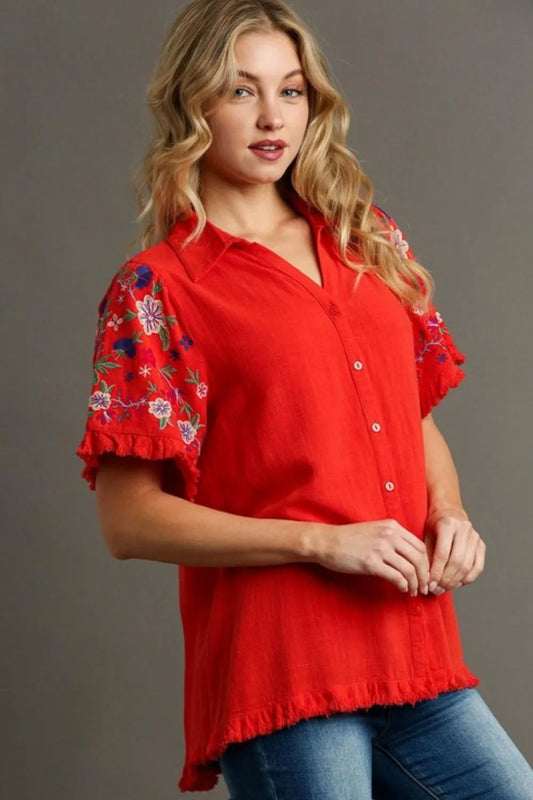 Image of Umgee Full Size Linen Shirt with Embroidered Sleeves Plus Size | Queeble.shop