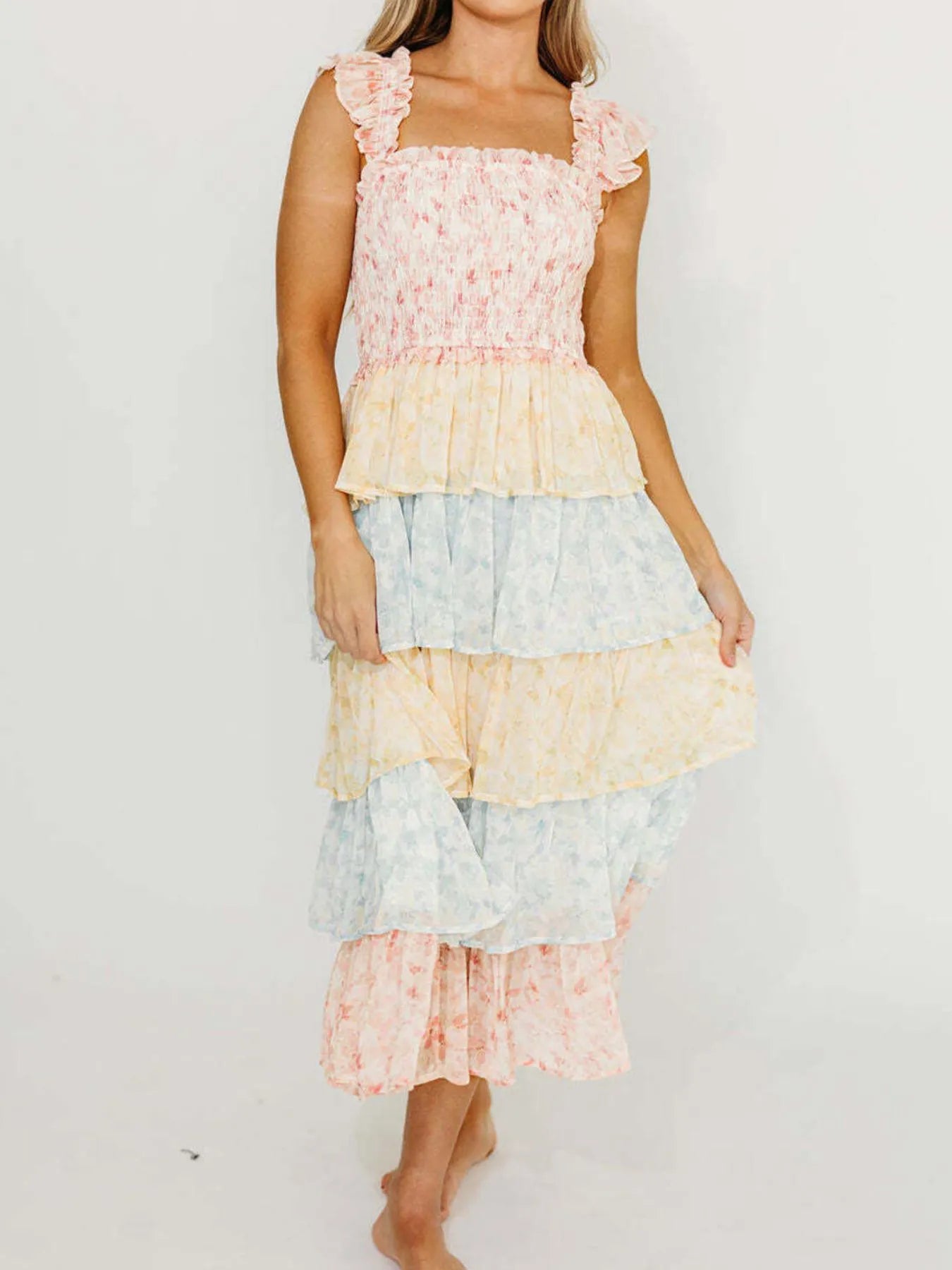 Image of Smocked Ruffle Layered Floral Midi Dress | Queeble.shop