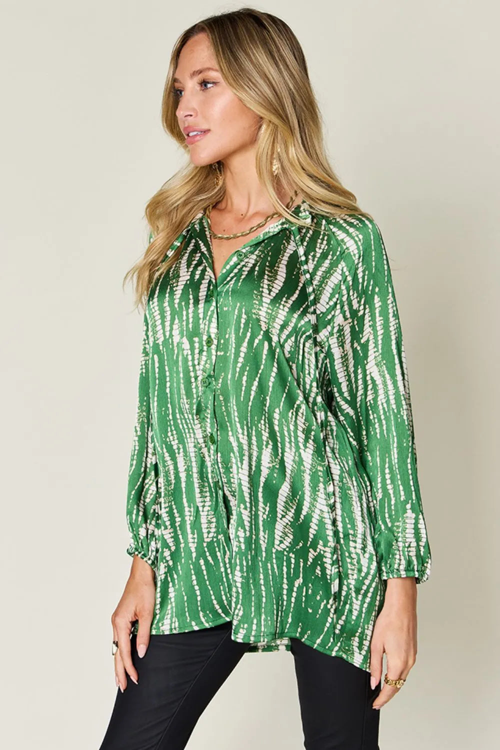 Image of Double Take Full Size Printed Button Up Long Sleeve Shirt | Queeble.shop