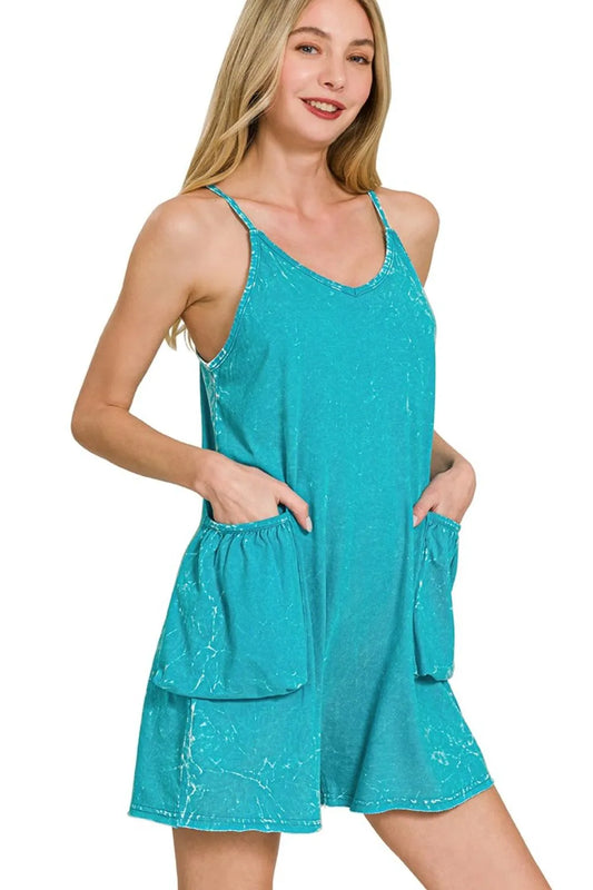 Image of Zenana Acid Crinkle Washed Spaghetti Strap Romper | Queeble.shop