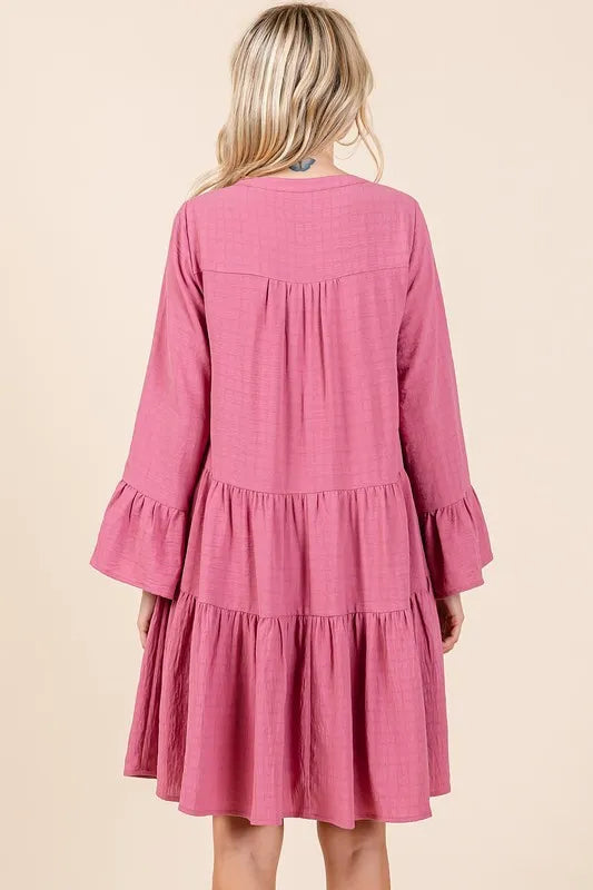 Image of Mittoshop Tiered Notched Flare Sleeve Dress | Queeble.shop