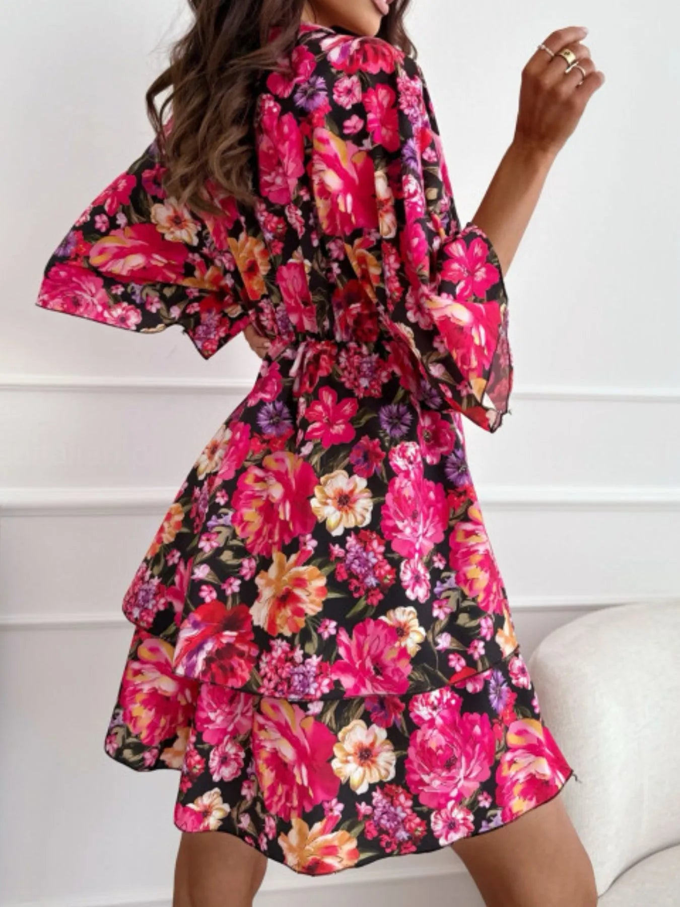 Image of Floral Print V-Neck Ruffle Mini Dress | Queeble.shop