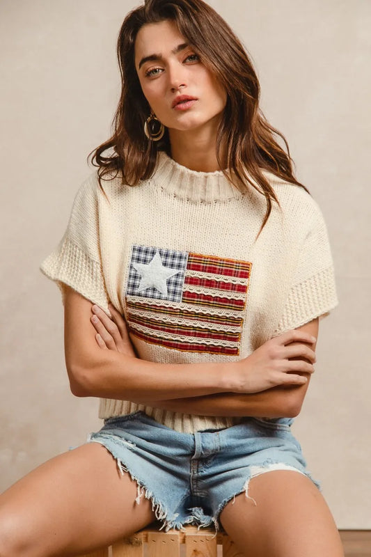Image of BiBi American Flag Patchwork Drop Shoulder Sweater | Queeble.shop