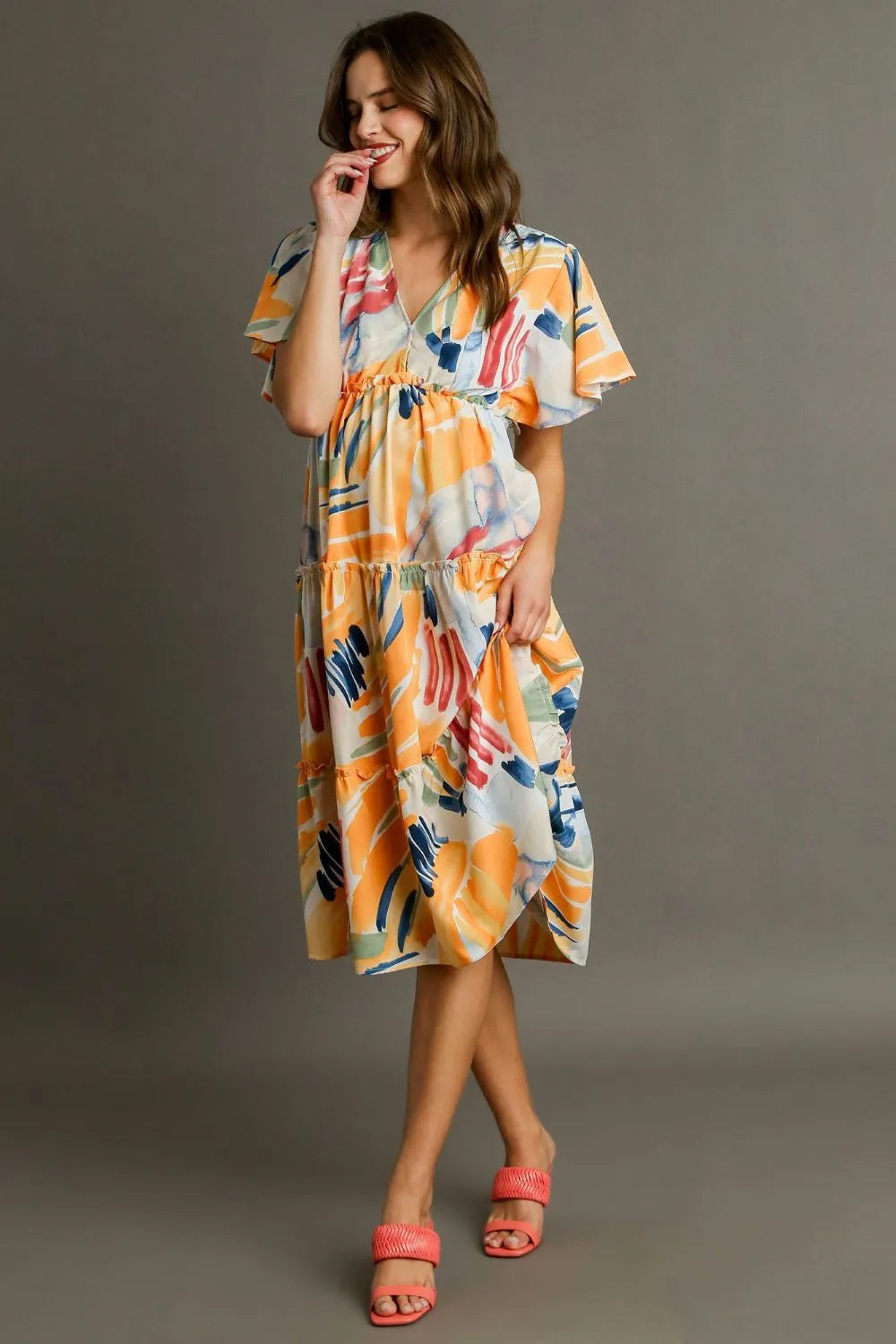 Image of Umgee Full Size Abstract Print Flutter Sleeve Frill Tiered Midi Dress Plus Size | Queeble.shop