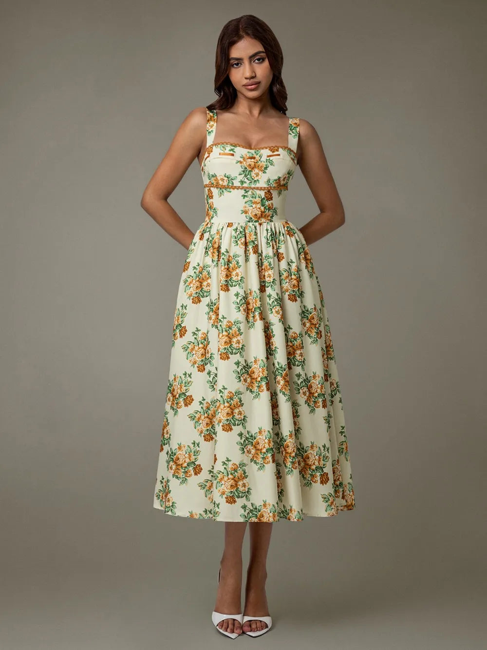 Image of Lace Trim Floral Sleeveless Midi Dress | Queeble.shop