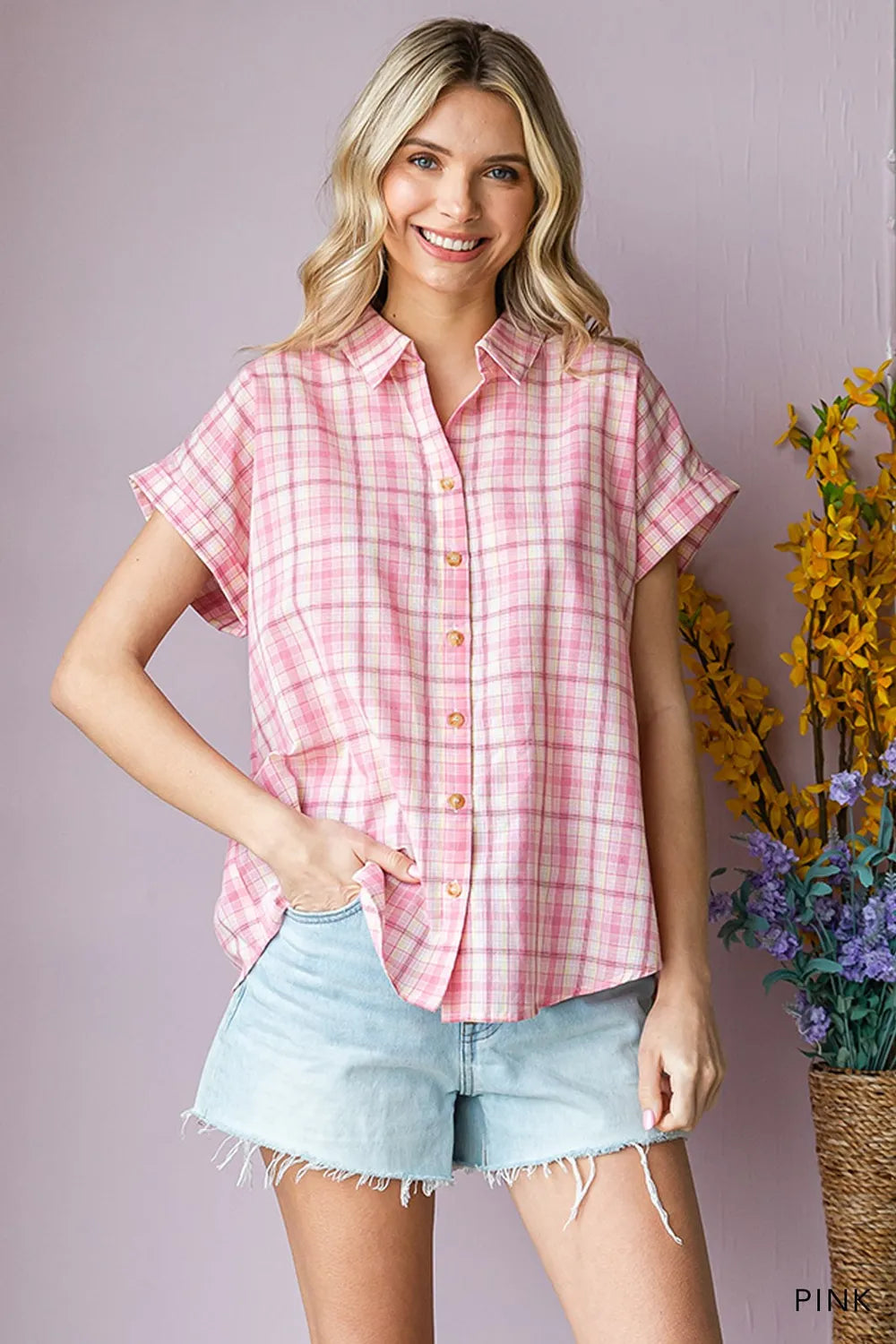 Image of Cotton Bleu by Nu Lab Plaid Collared Neck Short Sleeve Shirt | Queeble.shop