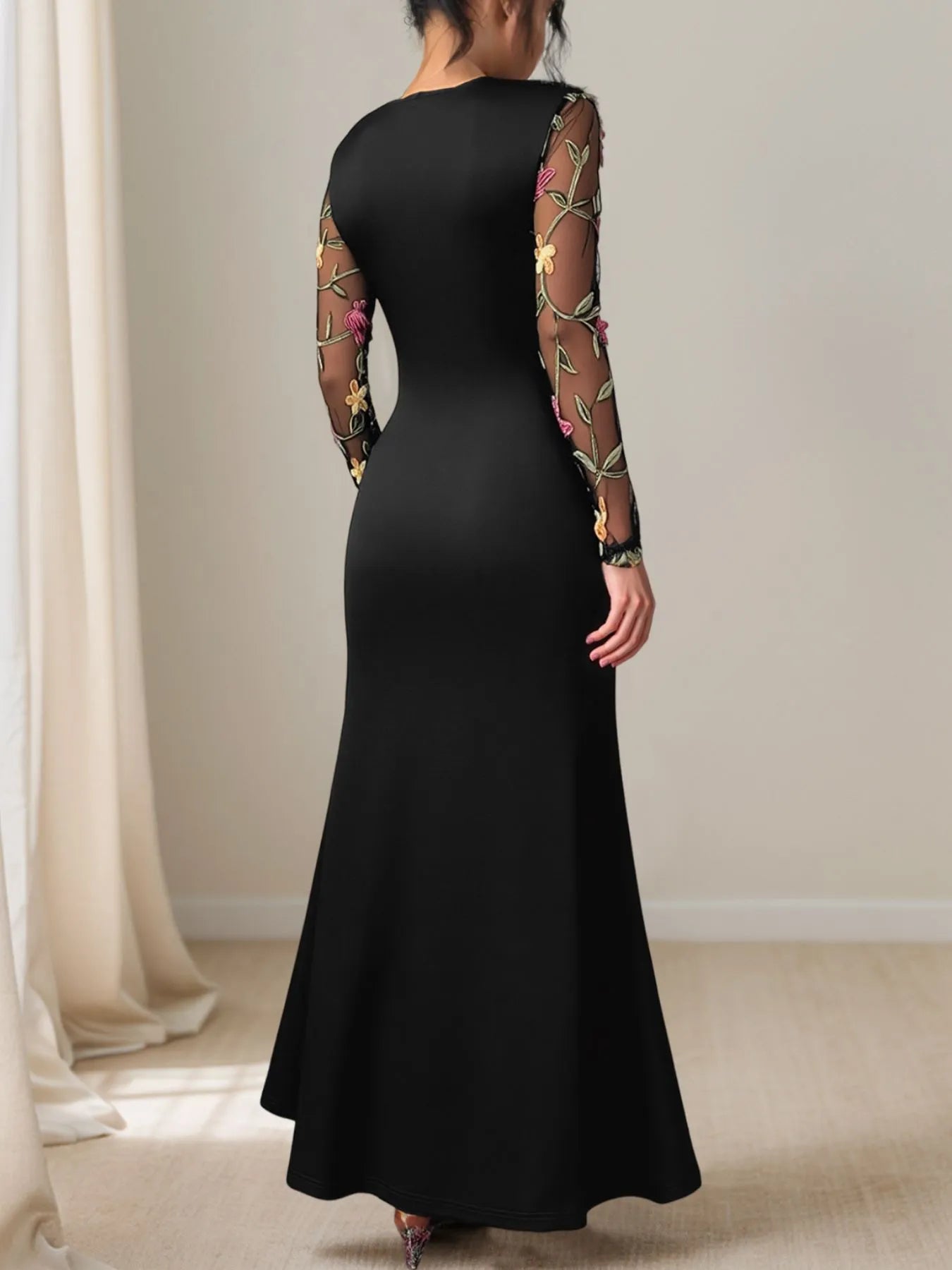 Image of Floral Mesh Sleeve Ruched Maxi Dress | Queeble.shop