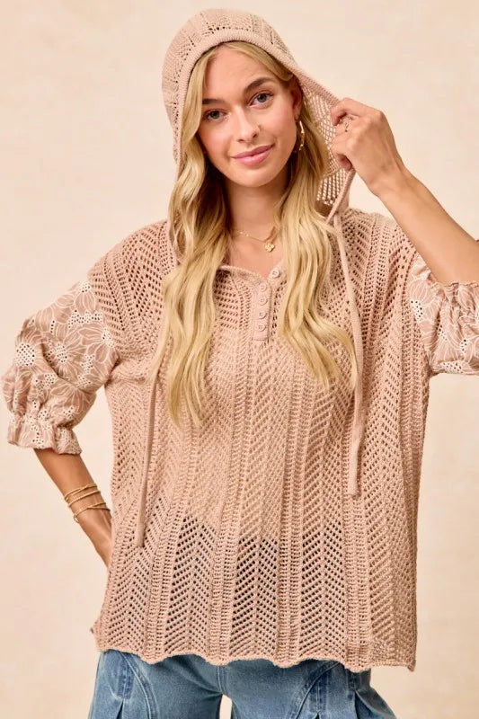 Image of BiBi Jacquard Flower Puff Sleeve Hooded Knit Top | Queeble.shop