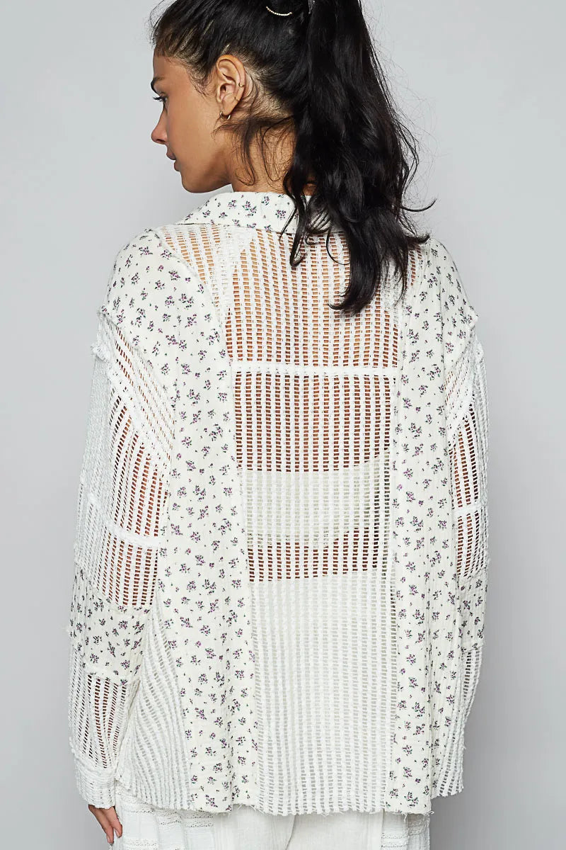 Image of POL Floral Crochet Patchwork Long Sleeve Shirt | Queeble.shop