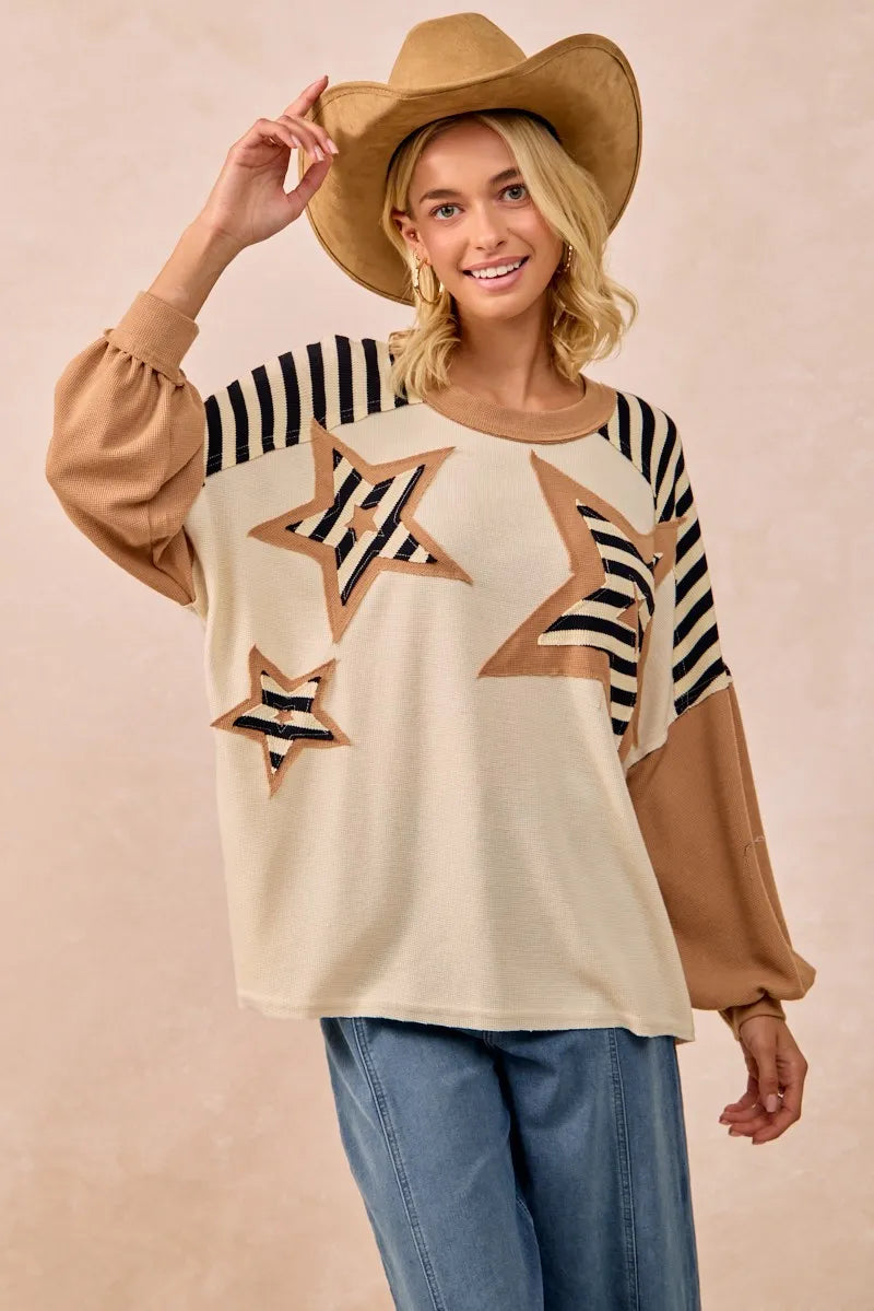 Image of BiBi Star Patchwork Mixed Long Sleeve Top | Queeble.shop