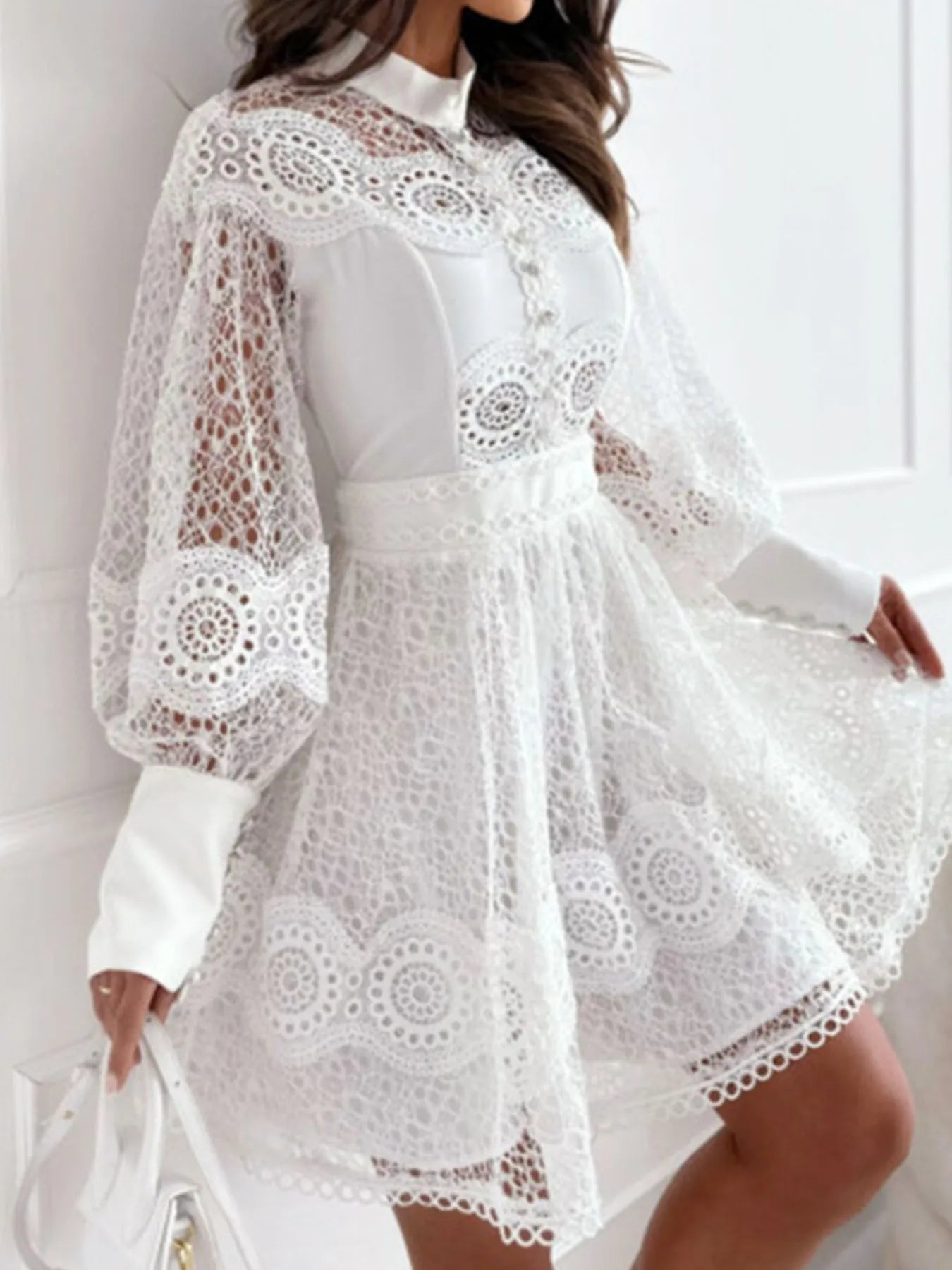 Image of Lace Lantern Sleeve Mini Dress | Queeble.shop