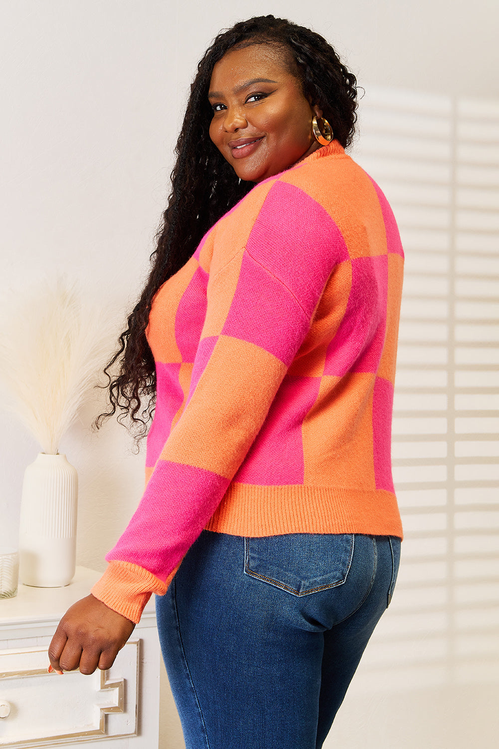 Image of Angel Wings Woven Right Checkered V-Neck Dropped Shoulder Cardigan | Queeble.shop