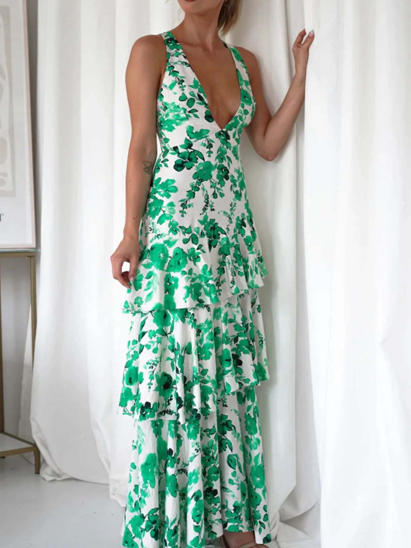 Image of Ruffled Layered Floral Deep V-Neck Dress | Queeble.shop