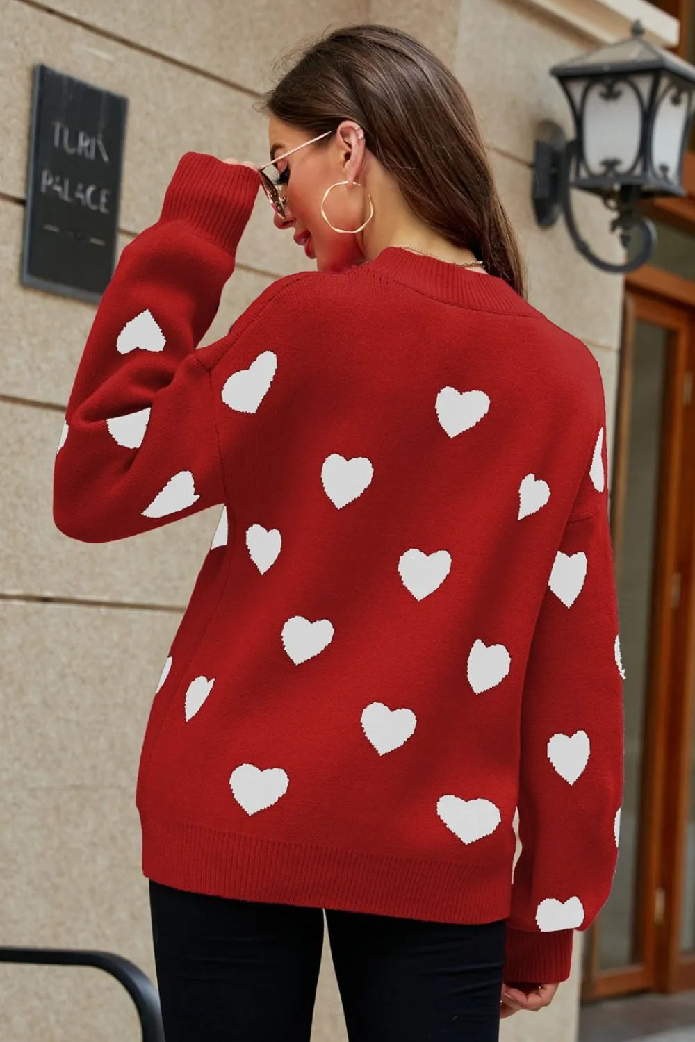 Image of Woven Right Heart Pattern Lantern Sleeve Round Neck Tunic Sweater | Queeble.shop