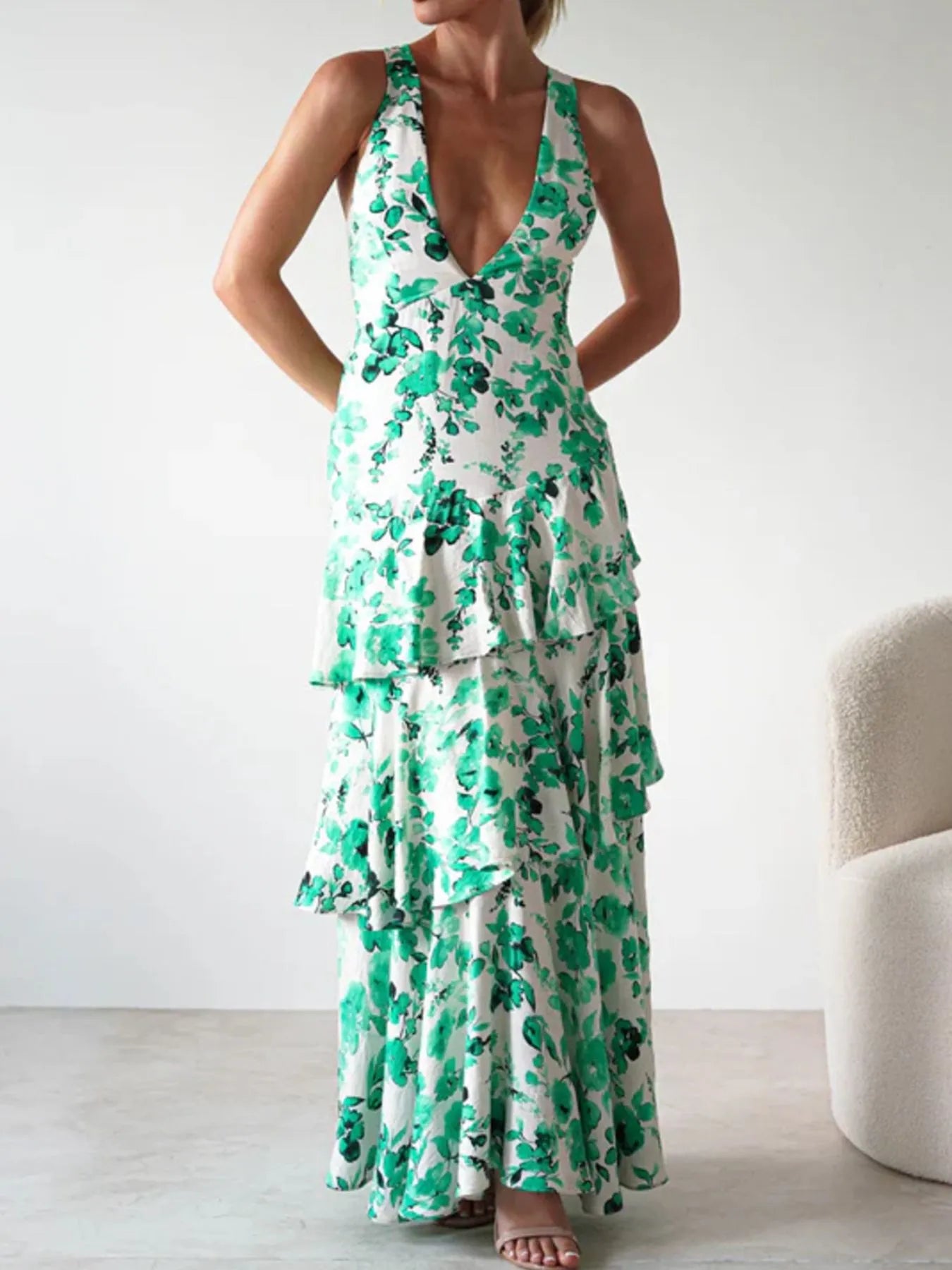 Image of Ruffled Layered Floral Deep V-Neck Dress | Queeble.shop
