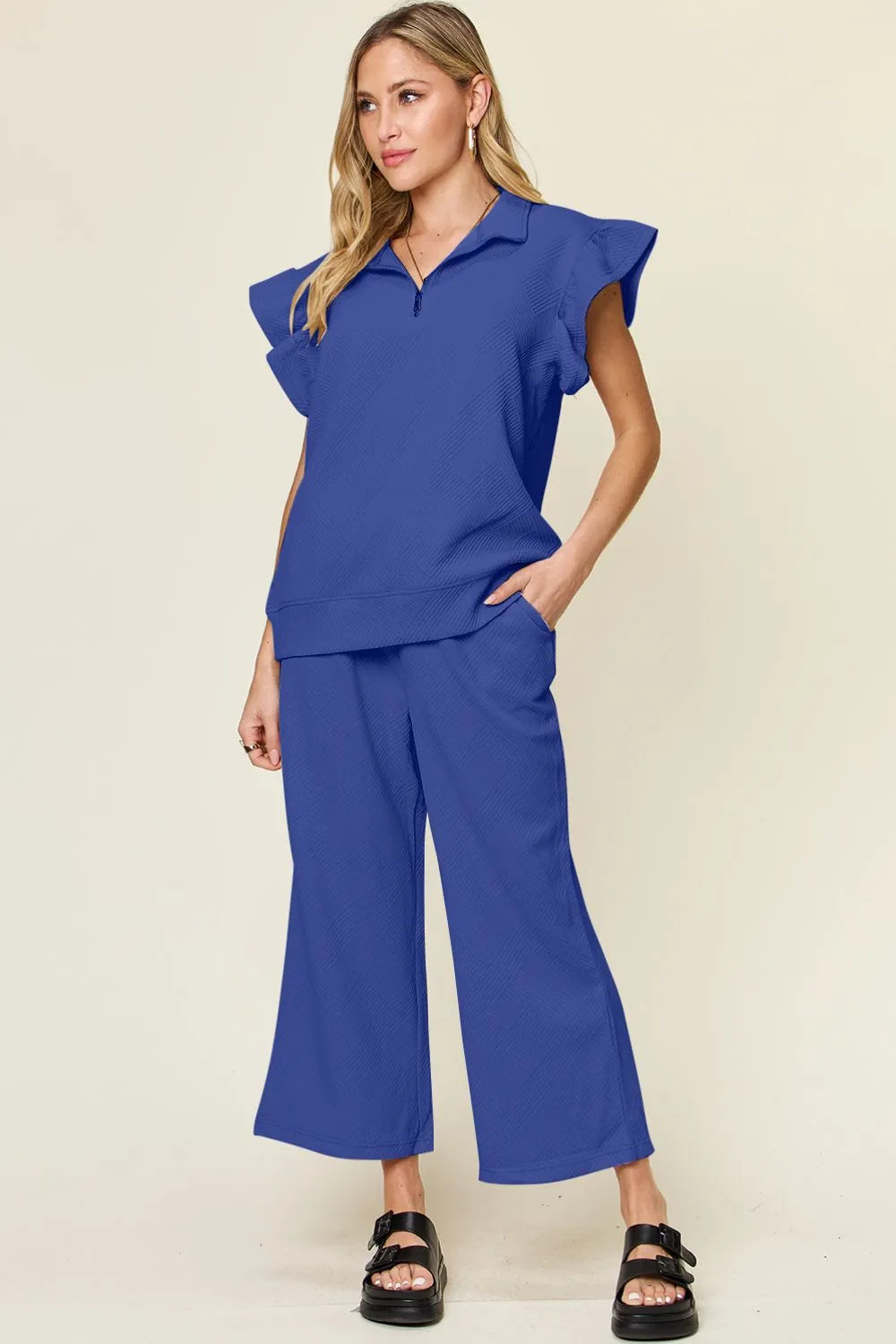 Image of Double Take Texture Ruffle Short Sleeve Top and Drawstring Wide Leg Pants Set | Queeble.shop