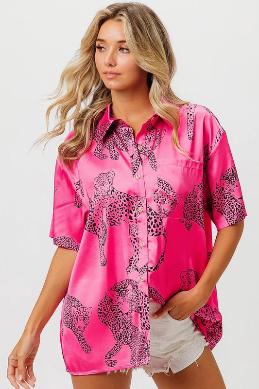 Image of BiBi Leopard Print Short Sleeve Silky Satin Shirt Top | Queeble.shop