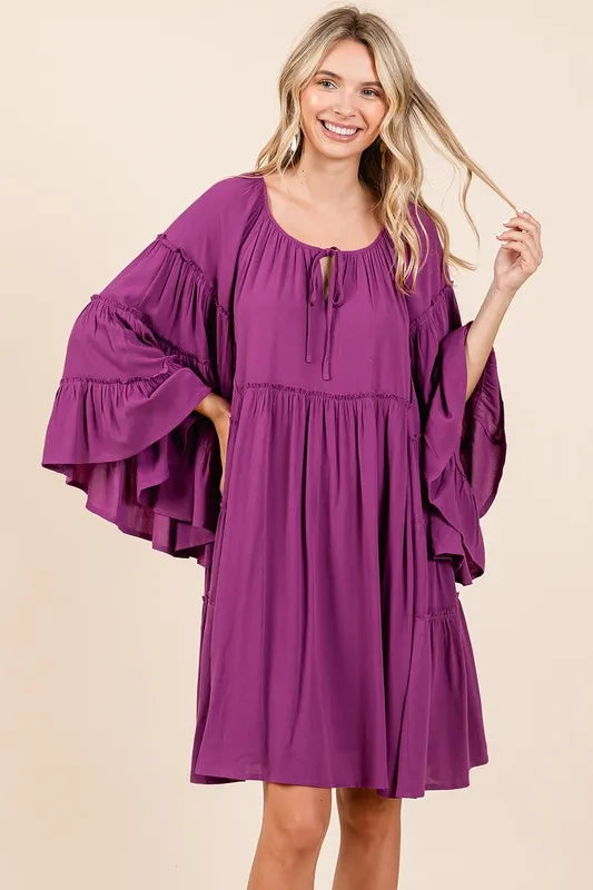 Image of Mittoshop Frill Tie Neck Bell Sleeve Dress | Queeble.shop