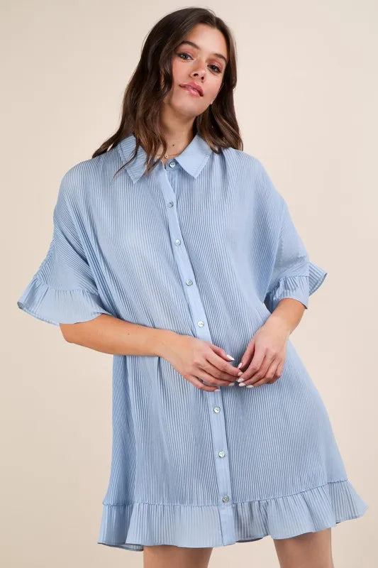 Image of VERY J Pleated Detail Button Down Mini Dress | Queeble.shop