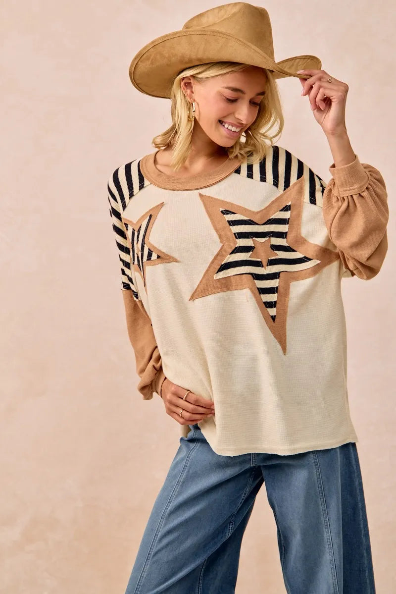 Image of BiBi Star Patchwork Mixed Long Sleeve Top | Queeble.shop