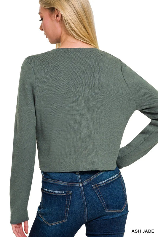 Image of Zenana Button-Front Crewneck Long Sleeve Cropped Cardigan | Queeble.shop