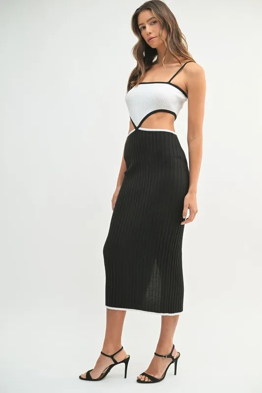 Image of MABLE Ribbed Knit Color Block Cutout Midi Dress | Queeble.shop