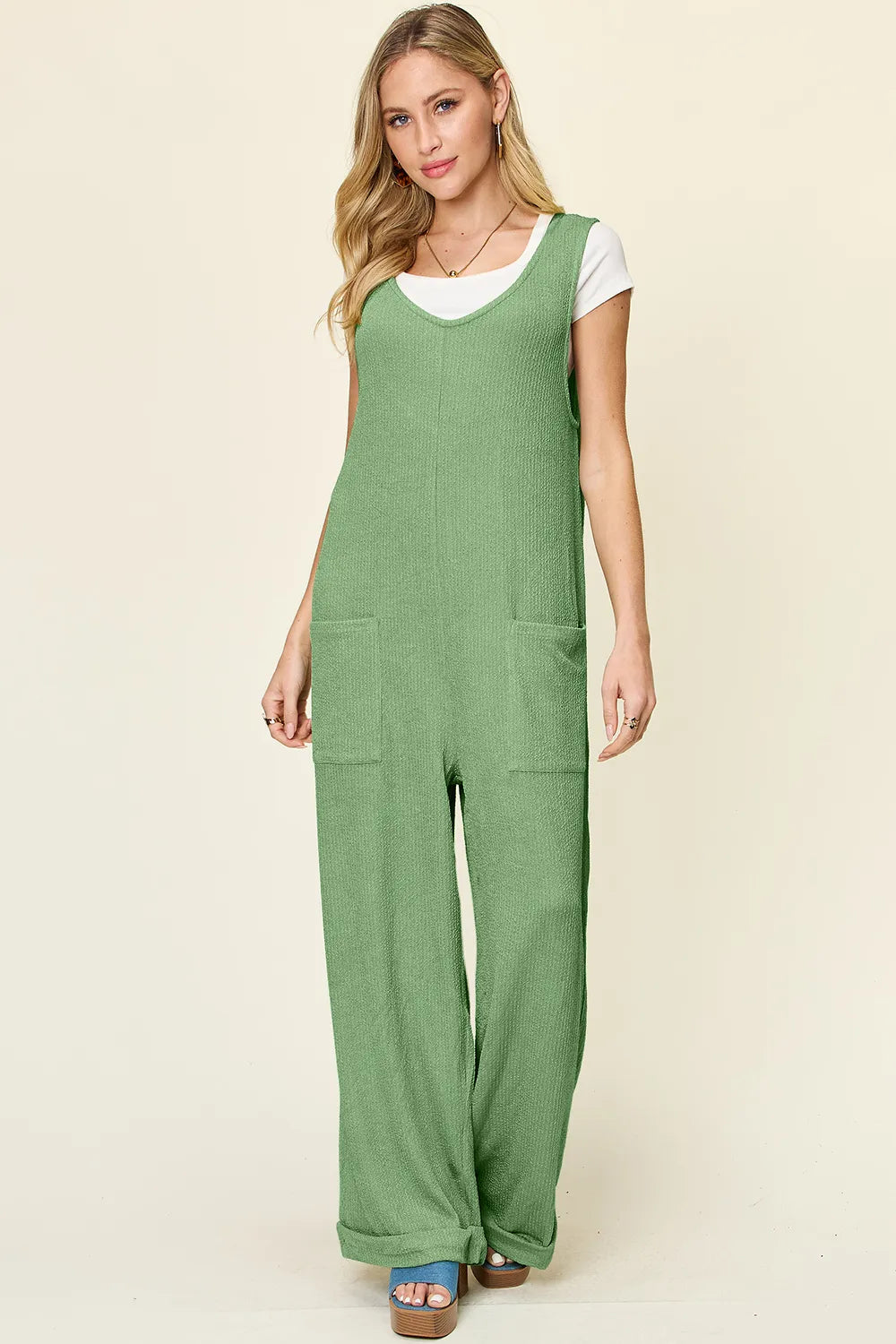 Image of Double Take Full Size Texture Sleeveless Wide Leg Jumpsuit | Queeble.shop