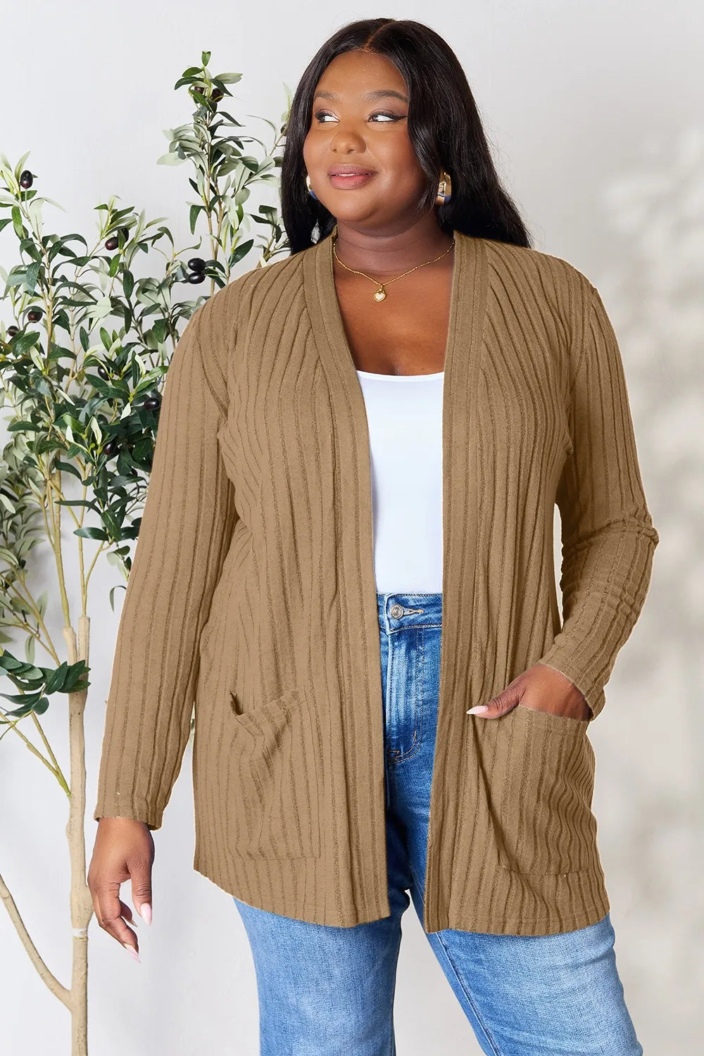 Image of Basic Bae Full Size Ribbed Open Front Cardigan with Pockets | Queeble.shop