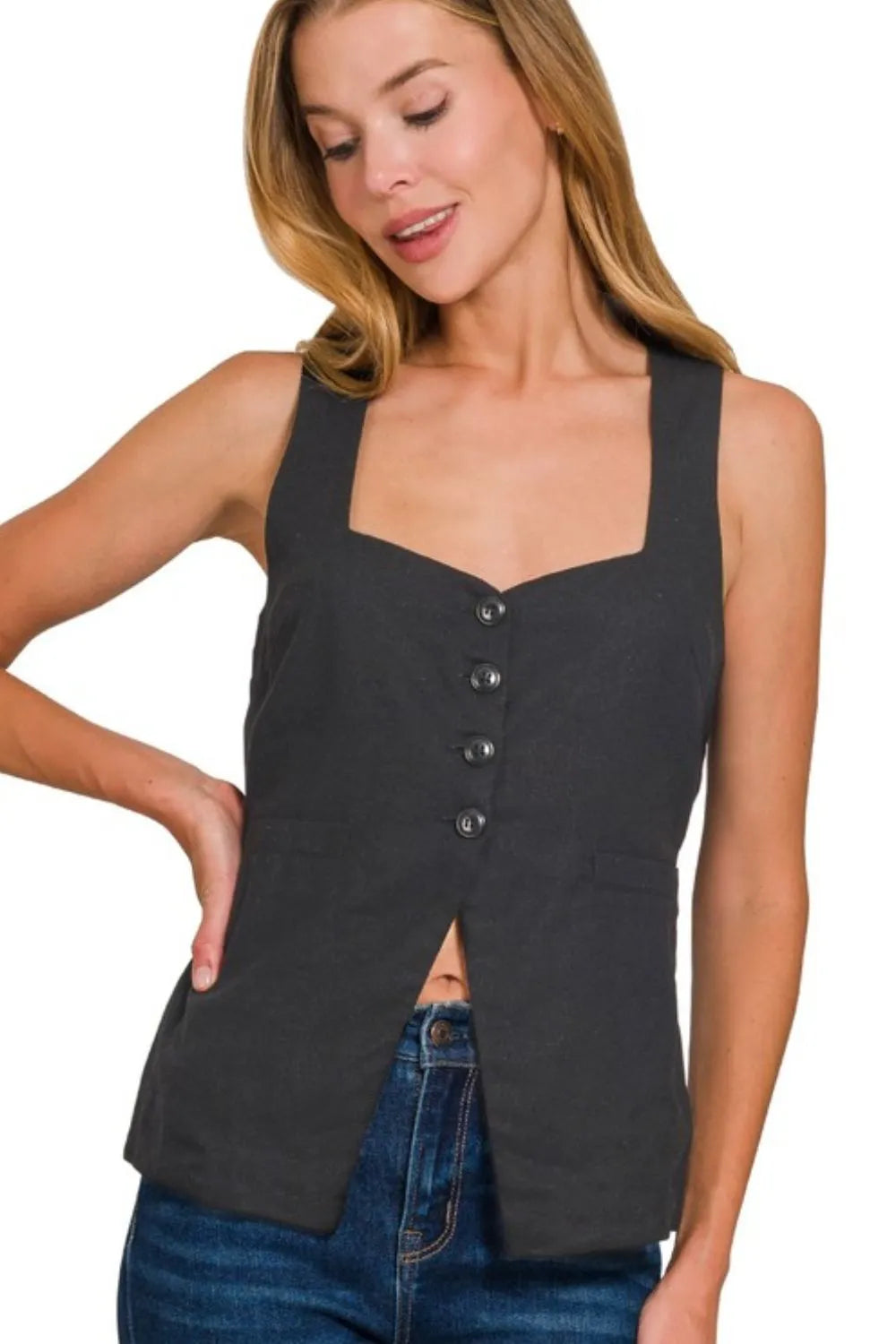 Image of Zenana Linen Tie-back 4-button Vest with Lining | Queeble.shop