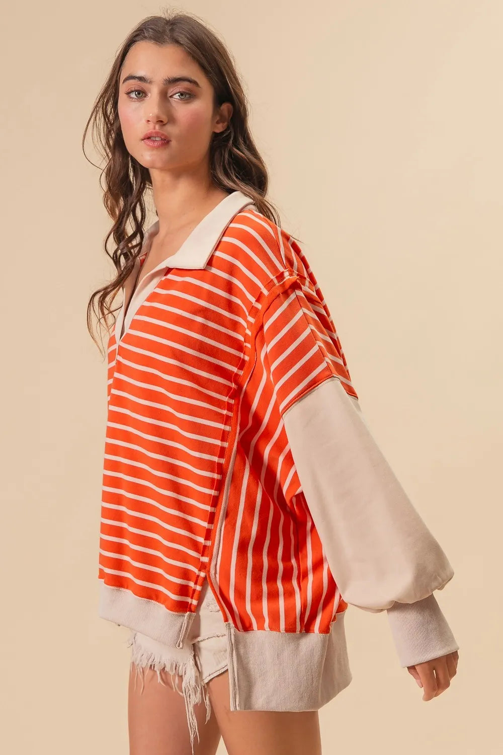 Image of BiBi Stripe Knit Loose Fit Top With Cut Edge Detail | Queeble.shop