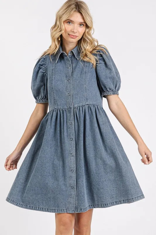 Image of Mittoshop Button Down Puff Sleeve Denim Dress | Queeble.shop