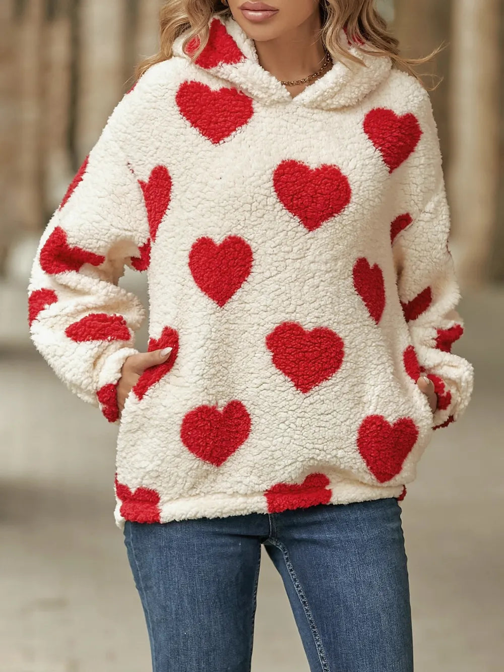 Image of Fuzzy Heart Pocketed Dropped Shoulder Hoodie | Queeble.shop